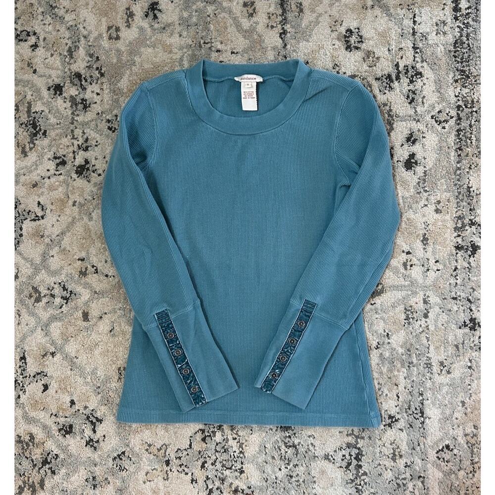 Sundance Waffle Knit Long Sleeve Top Velvet Button Sleeve Teal Blue Women’s S